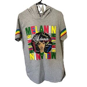 On Fire Melanin Women's Gray Short Sleeve Shirt 1X with Hood Queen Beautiful